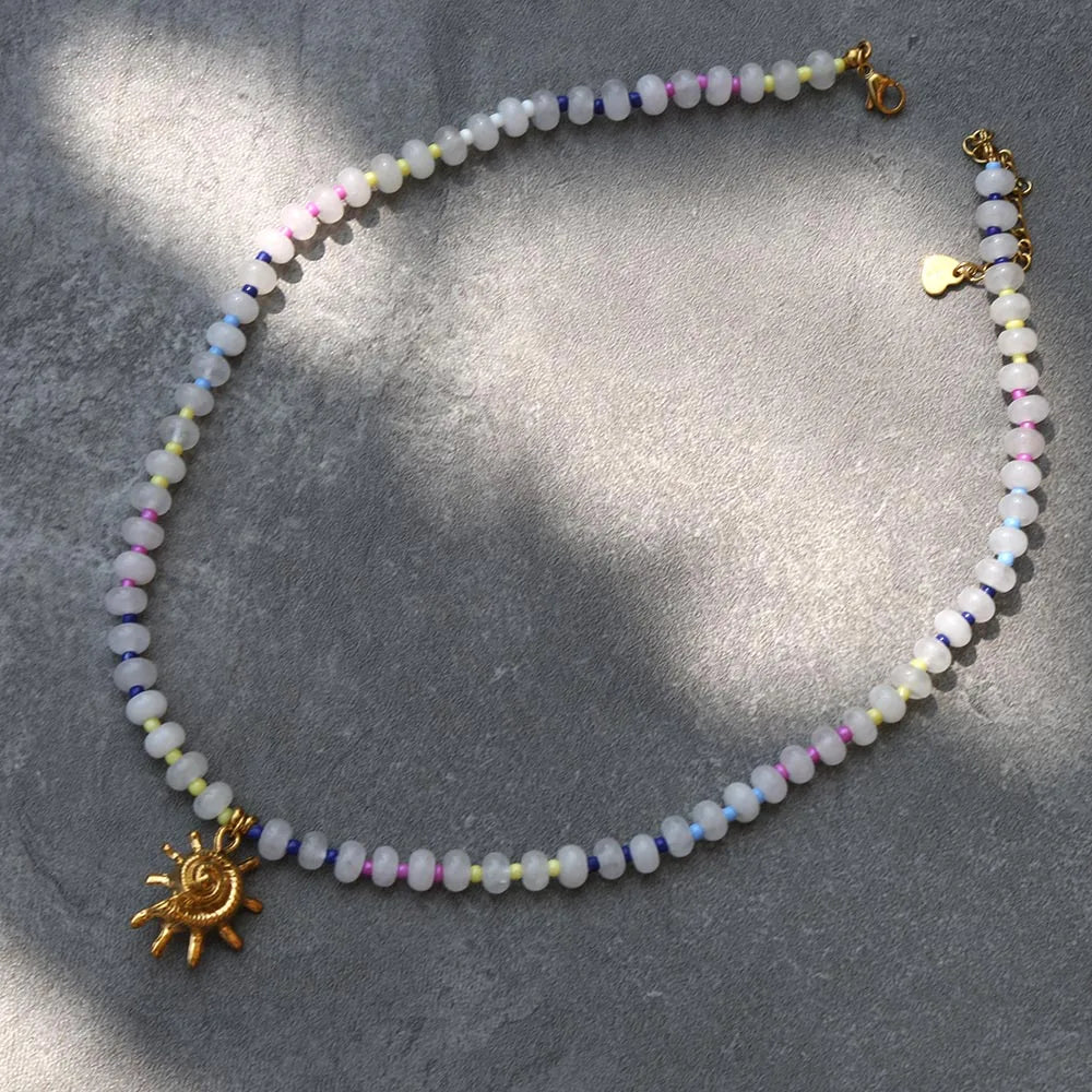 2026 Spring/Summer Fashion Accessories Jewelry Bohemian style mixcolor Beads Chain Necklace with Natural Stone pendant for woman