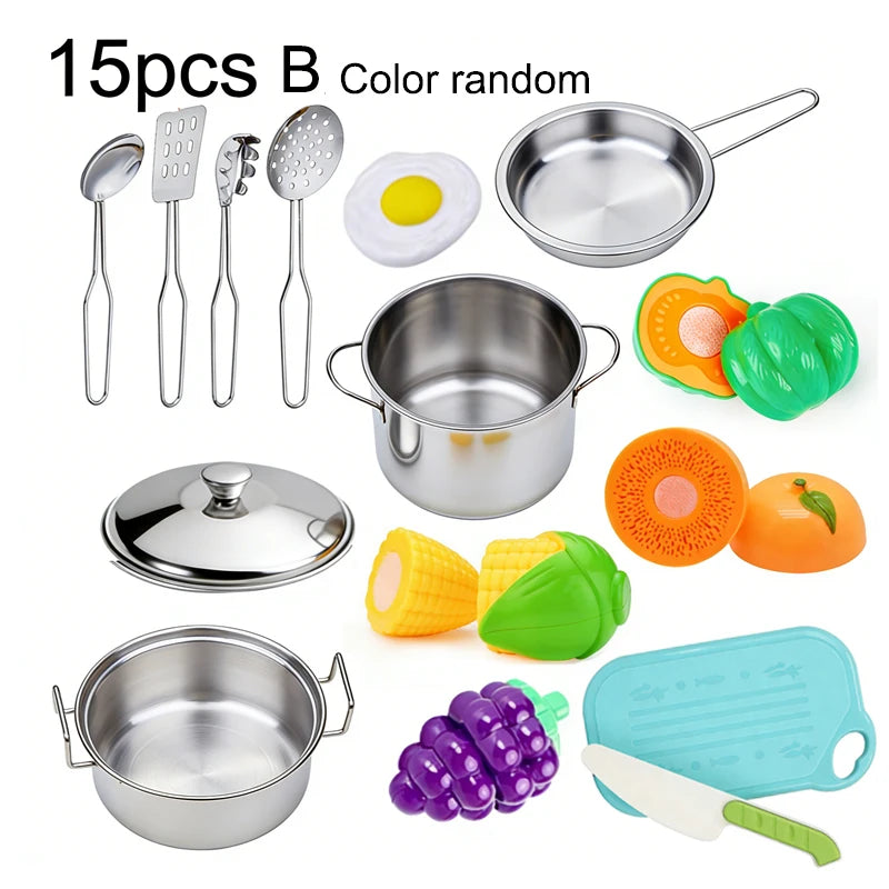 Kitchen Pretend Play Accessories Toys with Stainless Steel Cookware Pots and Pans Set,Cooking Utensils, Gifts Learning Tool