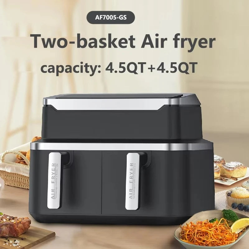 New Double Air Fryer with Double Basket Intelligent Multifunctional Double Zone 2 Basket 9L Quart Air Fryer