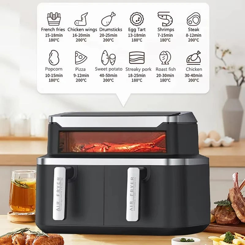 New Double Air Fryer with Double Basket Intelligent Multifunctional Double Zone 2 Basket 9L Quart Air Fryer