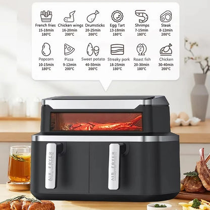 New Double Air Fryer with Double Basket Intelligent Multifunctional Double Zone 2 Basket 9L Quart Air Fryer