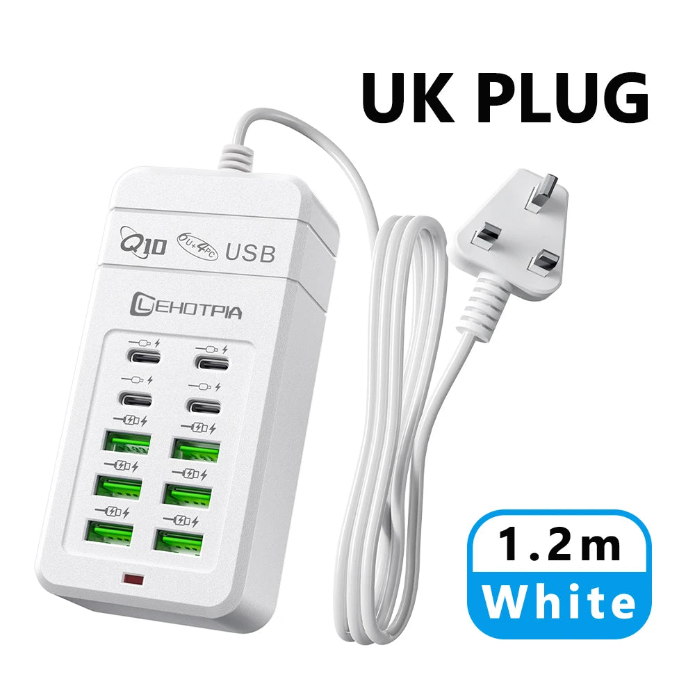 EU UK US Plug Multiple Rapide USB Charger Power Adapter 1.2m Extension Cord 6 USB-A 4 USB-C Portable For Mobile Phone USB Socket