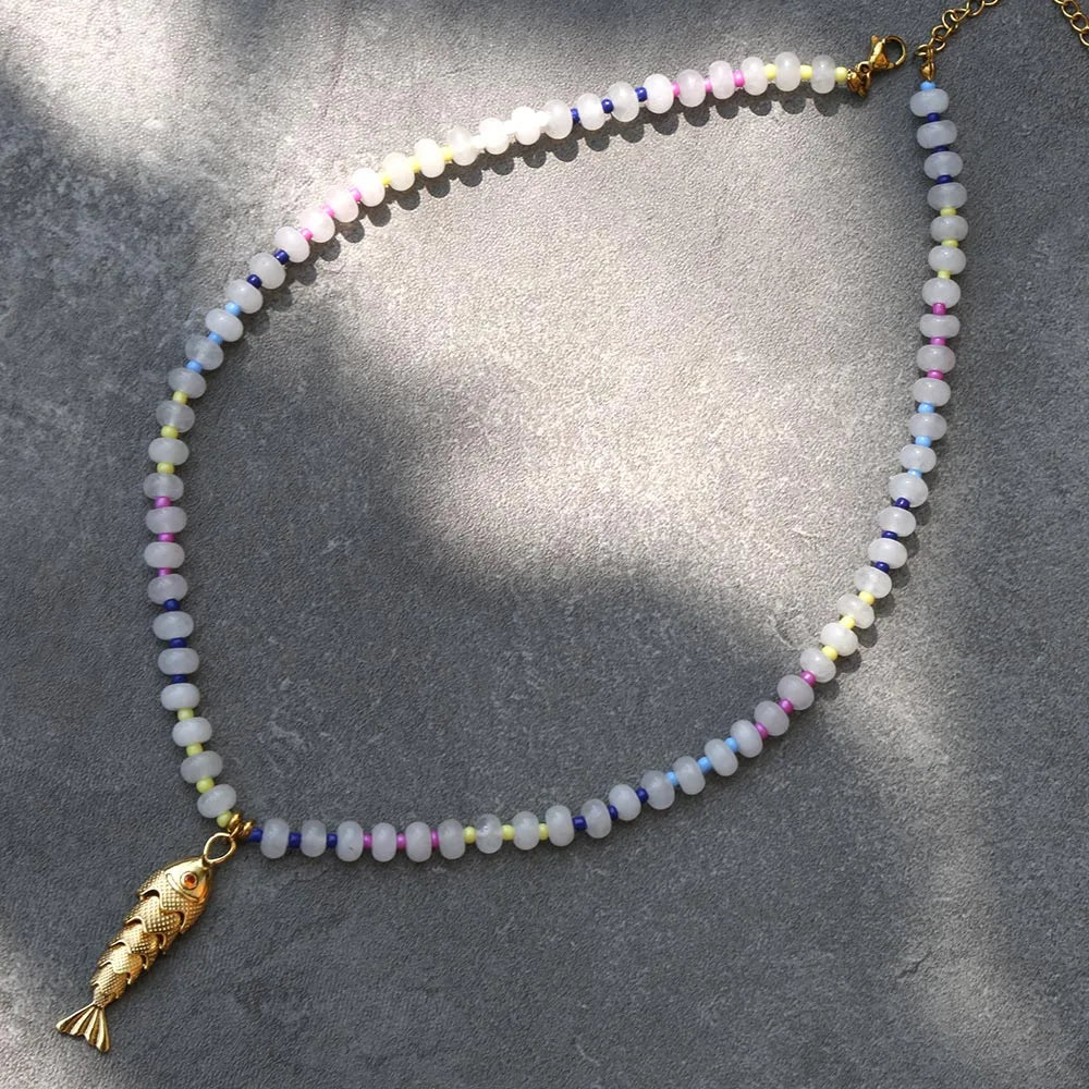 2026 Spring/Summer Fashion Accessories Jewelry Bohemian style mixcolor Beads Chain Necklace with Natural Stone pendant for woman