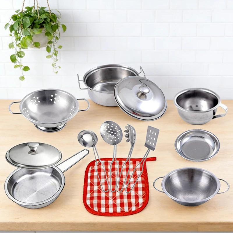 Kitchen Pretend Play Accessories Toys with Stainless Steel Cookware Pots and Pans Set,Cooking Utensils, Gifts Learning Tool