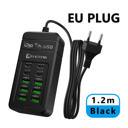 EU UK US Plug Multiple Rapide USB Charger Power Adapter 1.2m Extension Cord 6 USB-A 4 USB-C Portable For Mobile Phone USB Socket