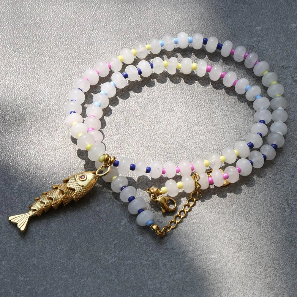 2026 Spring/Summer Fashion Accessories Jewelry Bohemian style mixcolor Beads Chain Necklace with Natural Stone pendant for woman