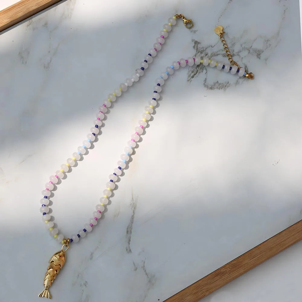 2026 Spring/Summer Fashion Accessories Jewelry Bohemian style mixcolor Beads Chain Necklace with Natural Stone pendant for woman