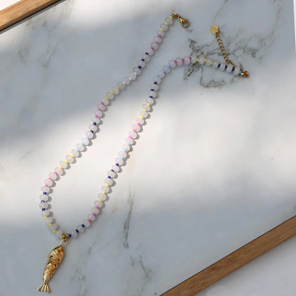 2026 Spring/Summer Fashion Accessories Jewelry Bohemian style mixcolor Beads Chain Necklace with Natural Stone pendant for woman