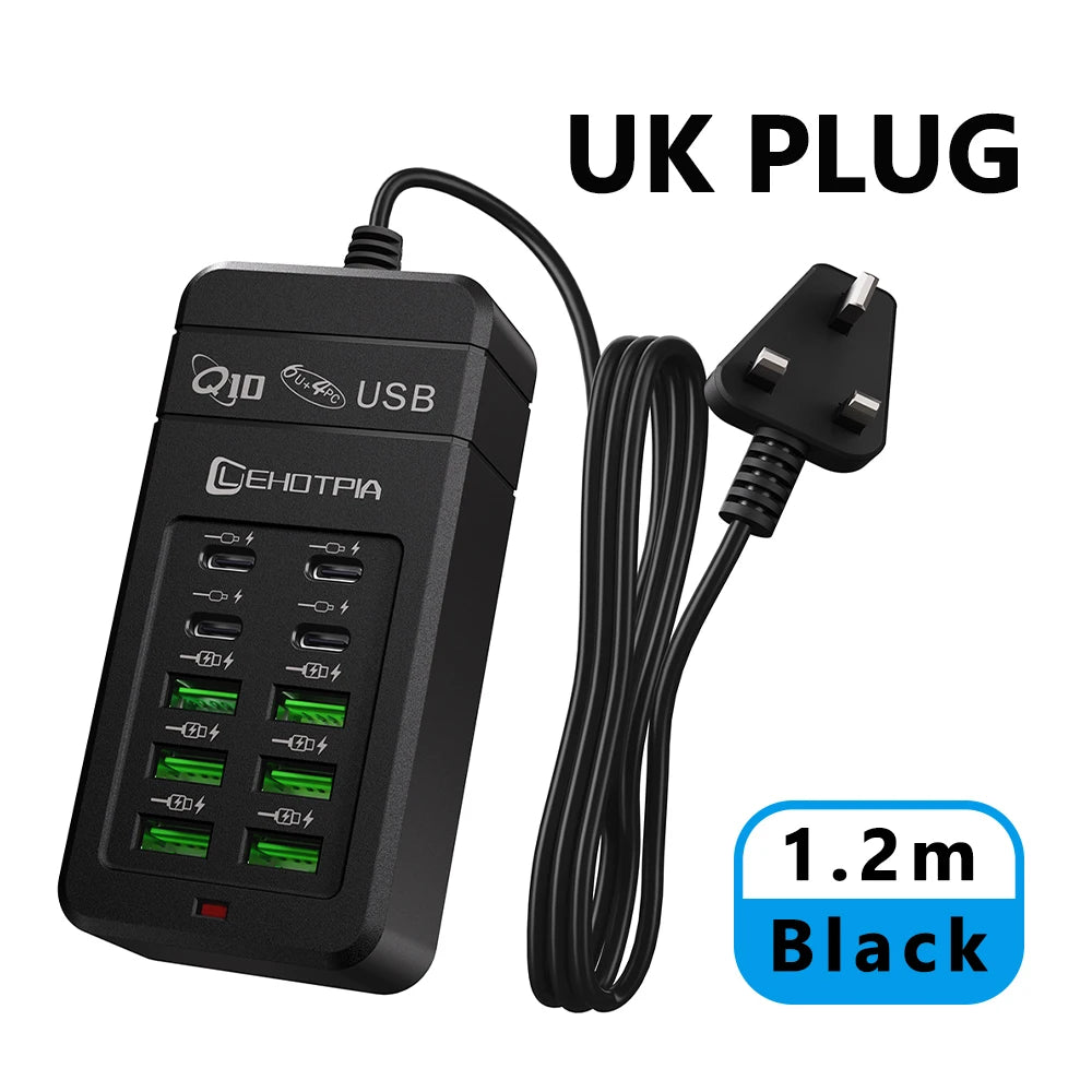 EU UK US Plug Multiple Rapide USB Charger Power Adapter 1.2m Extension Cord 6 USB-A 4 USB-C Portable For Mobile Phone USB Socket