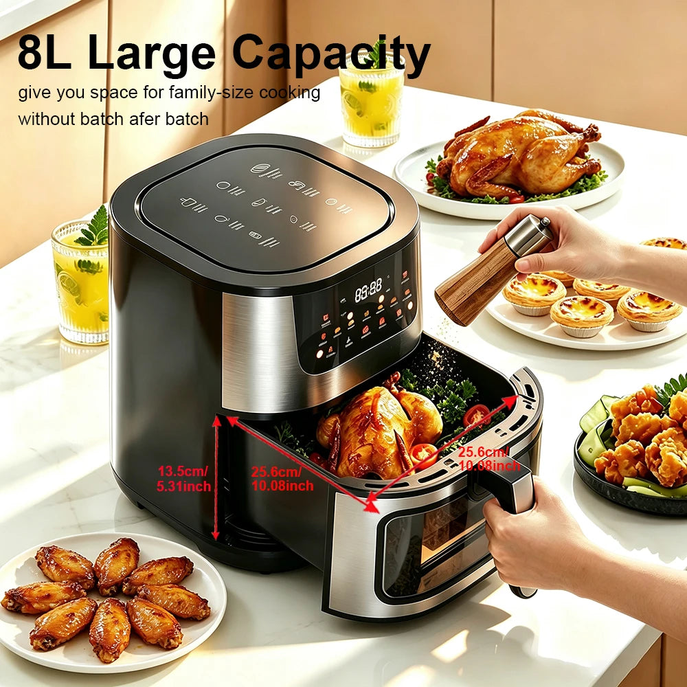 Air Fryer 8L 2800W Oil Free Electric Air Fryer with Touchscreen Household Multi-function Non-fat Fryer with Visible Window