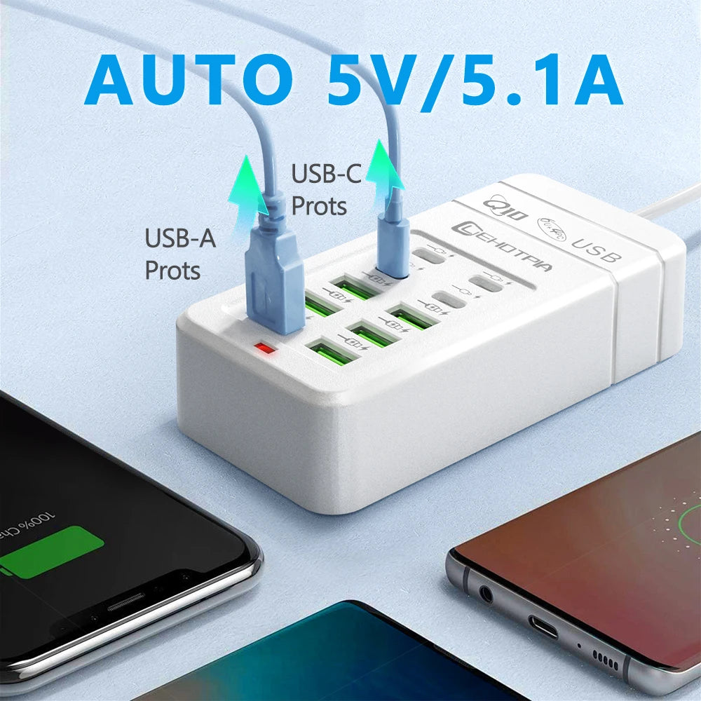 EU UK US Plug Multiple Rapide USB Charger Power Adapter 1.2m Extension Cord 6 USB-A 4 USB-C Portable For Mobile Phone USB Socket