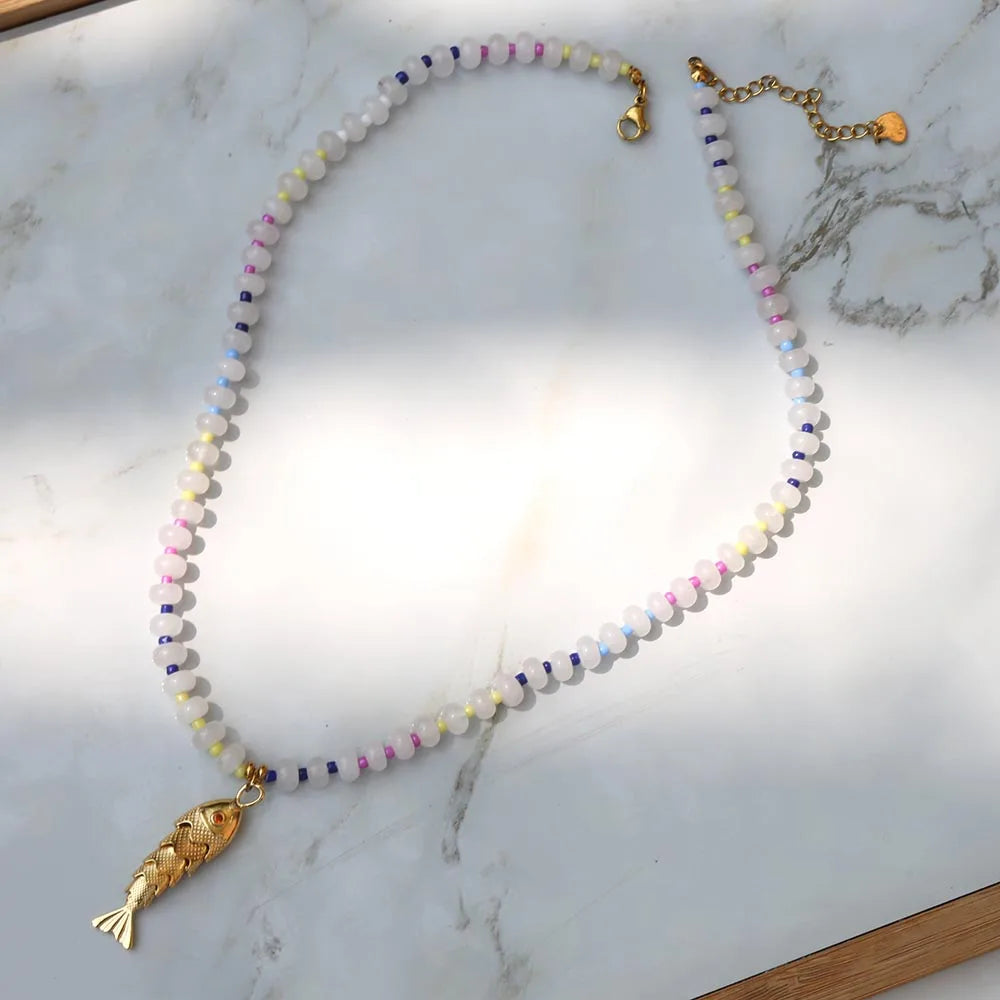 2026 Spring/Summer Fashion Accessories Jewelry Bohemian style mixcolor Beads Chain Necklace with Natural Stone pendant for woman