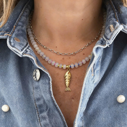 2026 Spring/Summer Fashion Accessories Jewelry Bohemian style mixcolor Beads Chain Necklace with Natural Stone pendant for woman