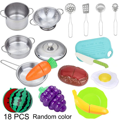Kitchen Pretend Play Accessories Toys with Stainless Steel Cookware Pots and Pans Set,Cooking Utensils, Gifts Learning Tool
